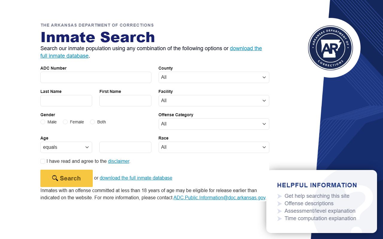 Clay County Arkansas DOC inmate search fields